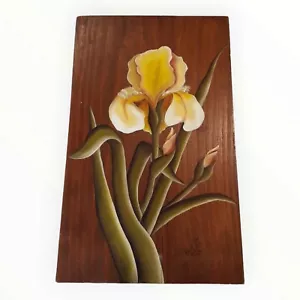 Wood Wall Hanging Iris Flower Floral Signed Boho Hand Painted Cottage Primitive - Picture 1 of 6