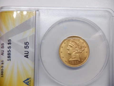 1885-S $5 Liberty Head Half Eagle Gold Coin - ANACS Graded AU 55 - Sharp Coin! Cover