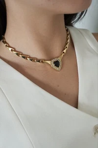 NINA RICCI CHOKER NECKLACE RHINESTONES GOLD TONE HEART BLACK AUTHENTIC VINTAGE - Picture 1 of 13