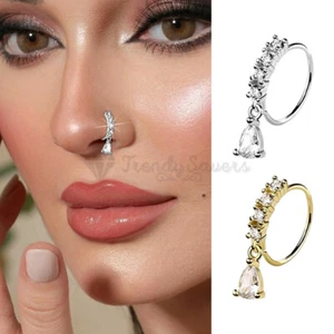 Nose Hoop Ring Teardrop Cubic Zircon Silver Gold Sterling Silver 8MM Piercing 1x - Picture 1 of 17