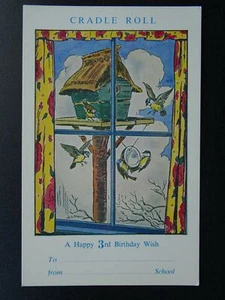 Birthday Greetings CRADLE ROLL / BLUE TIT'S FEEDING 3rd Birthday c1950s Postcard - Picture 1 of 2