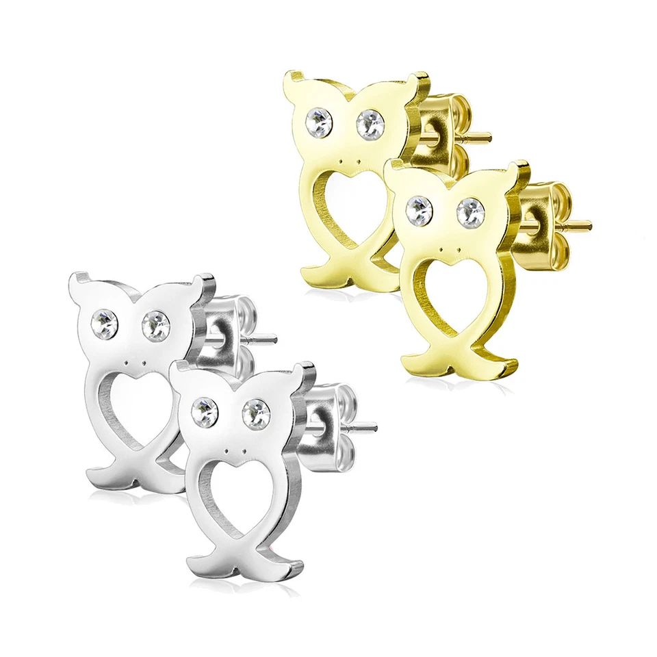 2er Set 316L Edelstahl Ohrstecker Eule Owl Zirkonia CZ Kristall silber gold klar - Bild 1 von 1