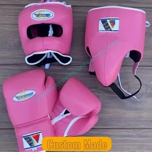 Custom Made Sparring Boxing Gloves 16oz, Groin, Head Guard, Pink, white, Cowhide - Picture 1 of 11