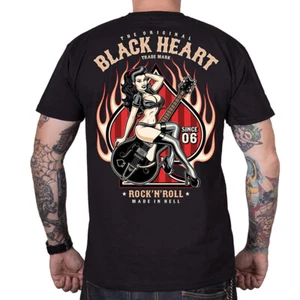 Black Heart Pin Up in Flames Rockabilly Tattoo Guitars T-Shirt - Picture 1 of 2