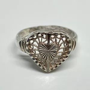 Anello fascia cuore traforato filigrana tacchino argento sterling 925 vintage misura 6 - Foto 1 di 5