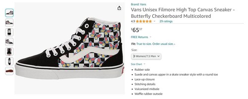 h Vans Unisex Filmore Sneaker Alta in Tela Scacchiera Farfalla Taglia 9.0