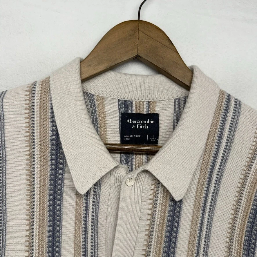 Abercrombie Fitch Sweater Shirt men's large Tan Blue Striped Knit Button Polo - Image 1 of 4