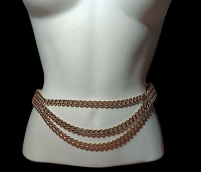 Stretch Belt Triple Gold Tone Curb Chain Waist Jewelry Heavy Club Style for 28" - Image 1 of 4