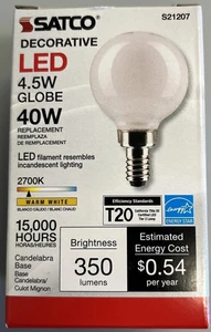 SATCO S21207 LED 4.5W 2700K G16.5 GLOBE (40W) WHITE LIGHT BULB CANDELABRA 6 pack - Picture 1 of 1