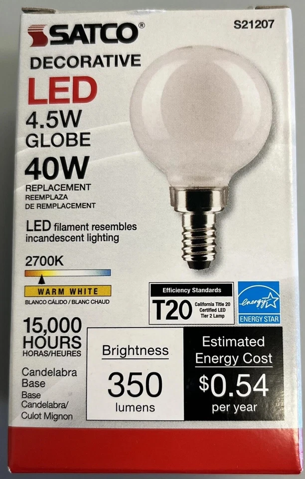 SATCO S21207 LED 4.5W 2700K G16.5 GLOBE (40W) WHITE LIGHT BULB CANDELABRA 6 pack - Image 1 of 1