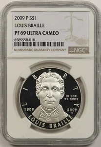 2009-P Louis Braille $1 NGC PF 69 Ultra Cameo Modern Commemorative Silver Dollar - Picture 1 of 4