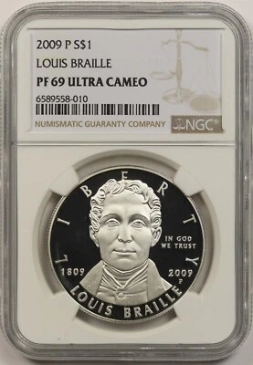 2009-P Louis Braille $1 NGC PF 69 Ultra Cameo Modern Commemorative Silver Dollar - Image 1 of 4