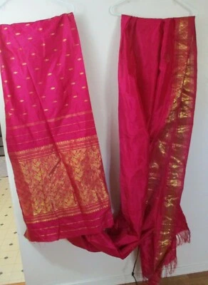 Sari Fabric long Bright HOT pink Gold detail semi sheer Saree 43X190 inch - Image 1 of 4