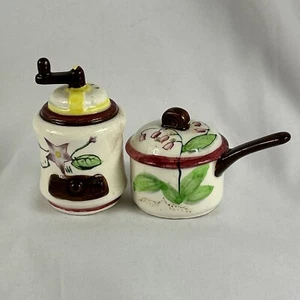 Coffee Grinder and Cooking Pot Salt and Pepper Shakers Floral Japan Porcelain - Picture 1 of 8