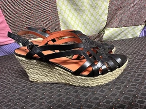 VIA SPIGA Wedge Platform Espadrille Shoes Black Leather Upper 8.5M - Picture 1 of 8