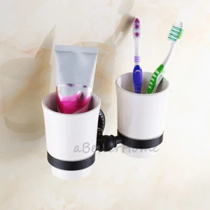 Wall Mount Bathroom Toothbrush Holder Double Tumbler Cup Set for Washroom Toilet - Picture 1 of 4