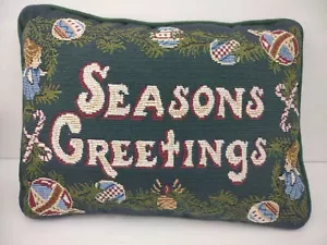Vintage Needlepoint Tapestry Christmas Seasons Greetings Accent Pillow - Picture 1 of 9