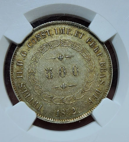 1852 Brazil 500 Reis -NGC AU58 King Pedro II Empire Portuguese Cover