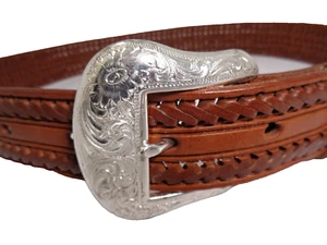 Cinturón de cuero trenzado personalizado de 3 pasos hebilla intercambiable plateada 34 - Imagen 1 de 9