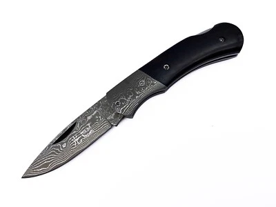 Japan Genuine Damascus Steel Folding Knife Ebony Wood Mini Size w/ Leather Case - Image 1 of 4