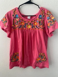 BARE YOUR SOUL Boho Short Sleeve Blouse Tunic Pink Floral Embroidery Size L - Picture 1 of 3