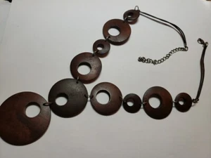 Vintage Boho Halskette Y Drop braun Holzscheiben Kreis Statement leicht 20" - Bild 1 von 5