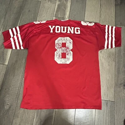 Camiseta vermelha vintage anos 90 logotipo atlético NFL San Fran 49ers #8 Steve Young EUA GG - Imagem 1 de 4