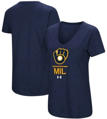 Milwaukee Brewers Under Armour Women's Lock Up Tri-Blend V-Neck Navy T-Shirt Med - Image 1 of 4