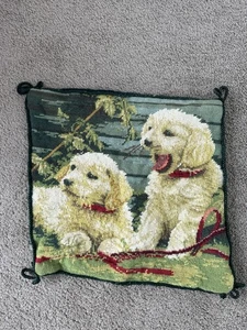 Vintage Wool Golden Retriever Puppies Needlepoint Tapestry Cushion Cover  34cm  - Picture 1 of 12