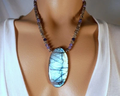 Collar Colgante Espectrolita Labradorita Zafiro Tanzanita Plata de Ley Foto 1 de 4