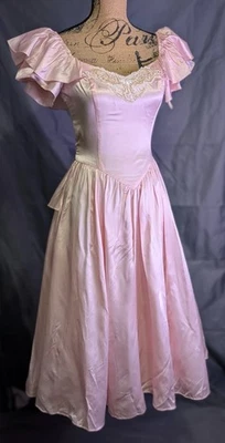 Vintage Gunne Sax Dress 80s Pink Satin Lace Off Shoulder Ruffle Prom Party 7 8 - Image 1 of 4