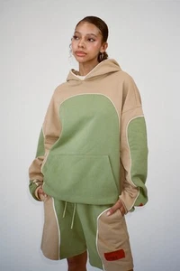 CHNGE Colorblock Hoodie and Shorts Set in Tan/Green Organic Cotton, Size Large - Picture 1 of 13