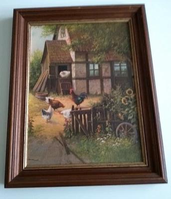 Neswadba Gerhard Kunstdruck auf Holz/ Federvieh vor Fachwerkhaus /um 1980 Jahre - Bild 1 von 4