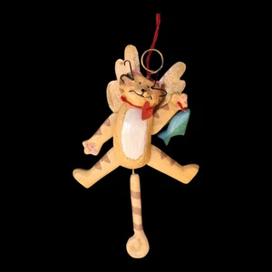 Yellow Tabby Cat Angel Christmas Ornament Pull String Tail Arms & Legs Go Up 6" - Picture 1 of 5
