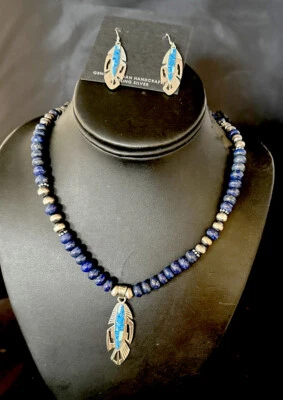 蛋白石羽毛蓝色拉皮吊坠纯银项链和耳环套装 15031 — 第 1/4 张图片
