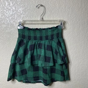 Evsie Girls 11/12 Tiered Skirt Scottish Plaid Green Black Sparkly Elastic Waist - Picture 1 of 10