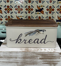 Retro Off White Elongated Metal Bread Box w/Bird and Wooden Lid