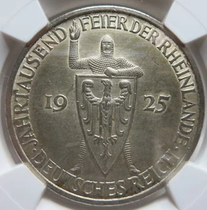GERMANY Weimar 5 Reichsmark 1925 F NGC UNC Rheinland Silver Knight Oak Shield - Picture 1 of 3
