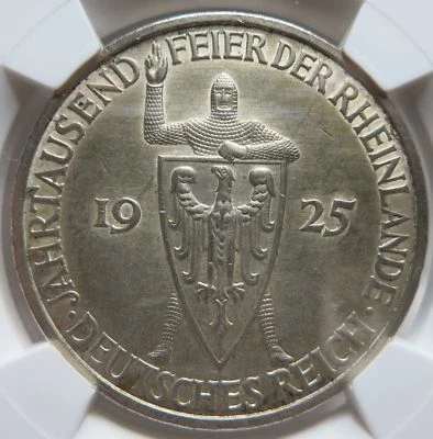 GERMANY Weimar 5 Reichsmark 1925 F NGC UNC Rheinland Silver Knight Oak Shield - Image 1 of 3
