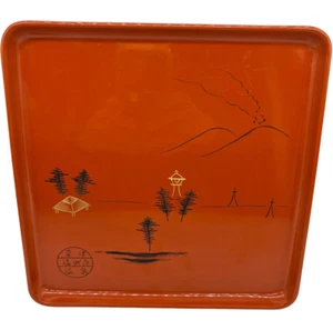Japanese Lacquer Ware Orange Square Tray Asian Kusatsu Hot Spring 9" Vintage - Picture 1 of 7