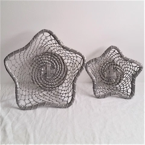 Lot of 2 Nesting Star Shaped Silver Metal Woven Wire Basket Cover