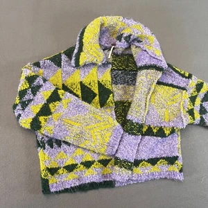Free People Aztec Sweater Womens XS Purple Green Yellow Open Front Cardigan Wool - Picture 1 of 12