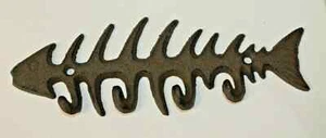 CAST IRON FISH Bones Wall Hook Key Hat Coat Rack Holder Skeleton Nautical Decor - Picture 1 of 4