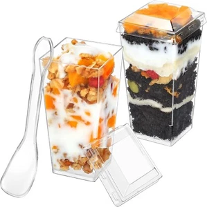 100 X 3 Oz Mini Dessert Cups with Spoons and Lids, Square Tall - Clear Plastic - Picture 1 of 13