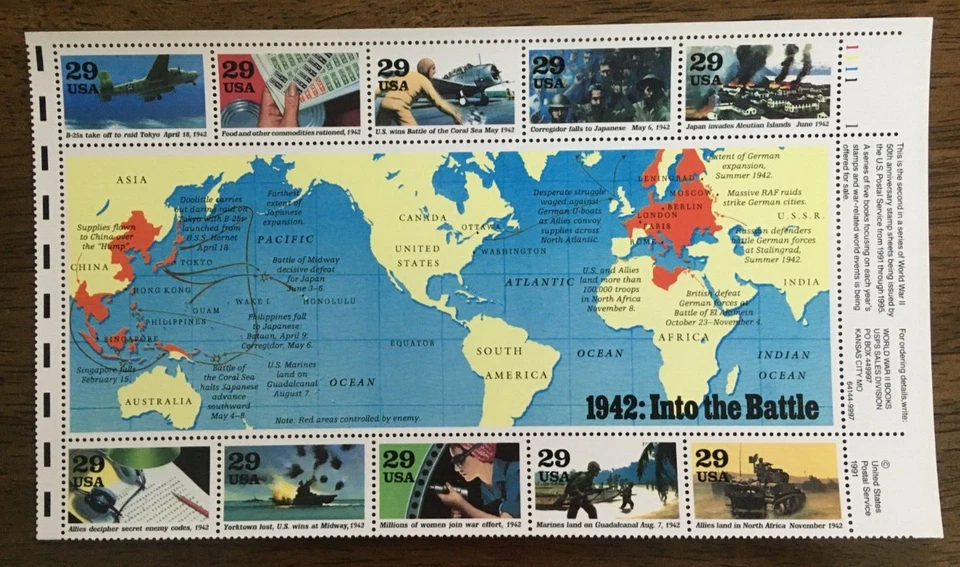 WW II 1942 INTO THE BATTLE #2697 GUTTER SNIPE large block of 10  stamps MNH OG - Image 1 of 1