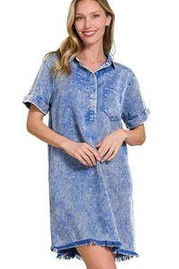 Zenana Tencel Mineral Washed Collared Shirts Dress - Picture 1 of 6