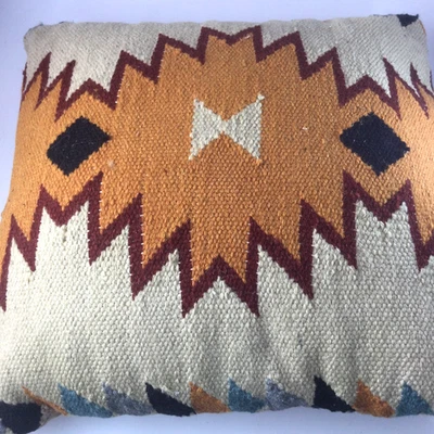 Hand Woven TapestryJute Kilim Cushion Pillow 18" x 18" Geometric Rustic Boho - Image 1 of 4