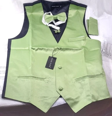 Barry Wang Men's Satin Tuxedo Suit Vest, Bowtie, Cufflinks, Hanky Set - Small - Image 1 of 2