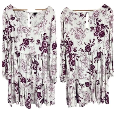 TORRID Women's 2X (2) White Purple Floral Tiered Boho Peasant Tunic Mini Dress - Image 1 of 4