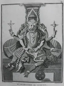 INDE INCARNATION VICHENOU VISHNU LION HOMME GRAVURE 1782 SONNERAT S13 ESOTERISME - Picture 1 of 2